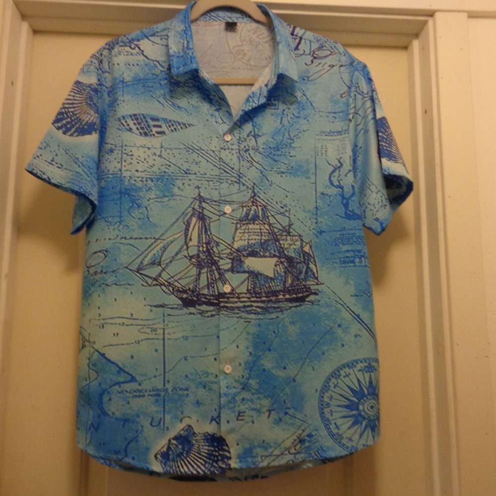 NAUTICAL BUT NICE RETRO TROPICAL SHIP SHIRT M